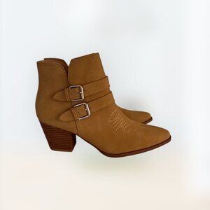 ZBY Womens Tan Western Ankle Boots With Double Buckle & Stacked Heel Size 9.5
